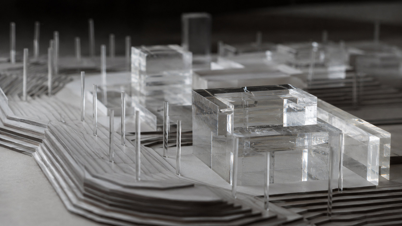 Transparante architectuurmaquette met meerdere volumes