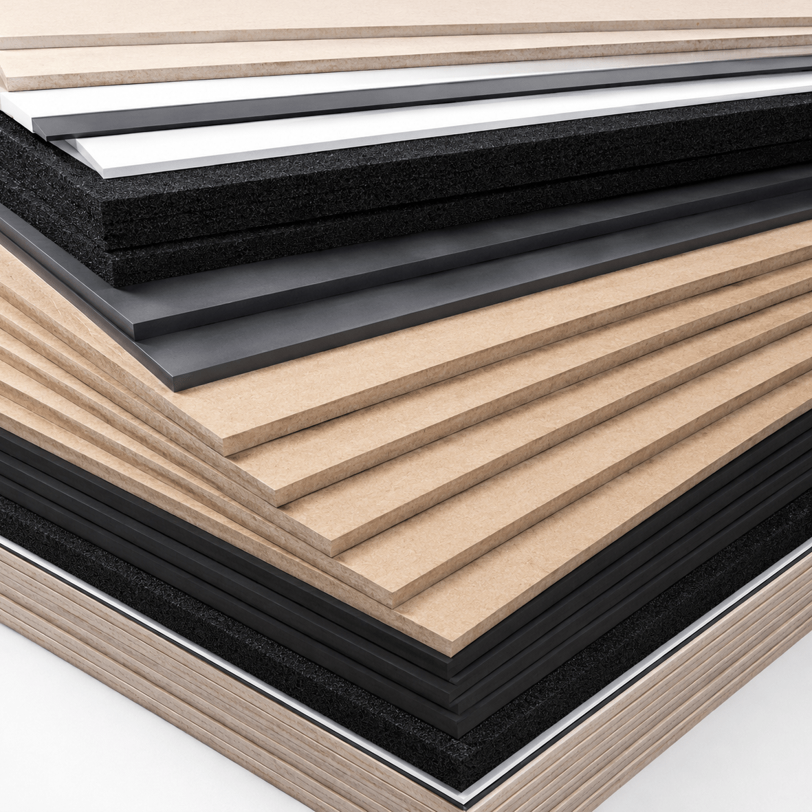 Gestapelde hout-, MDF- en acrylaatplaten uit de bestseller XL-bundel