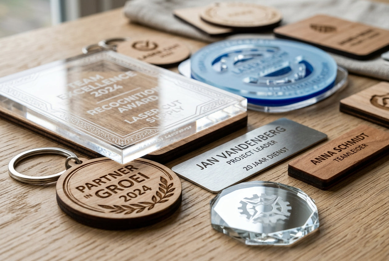 Gepersonaliseerde sleutelhangers en labels van hout en acrylaat