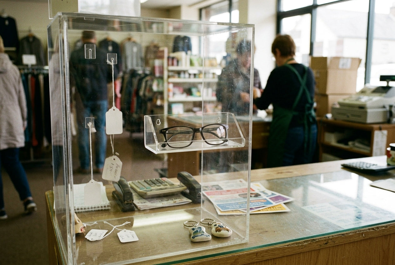 Tentoonstellingsvitrine met kleine producten en displays