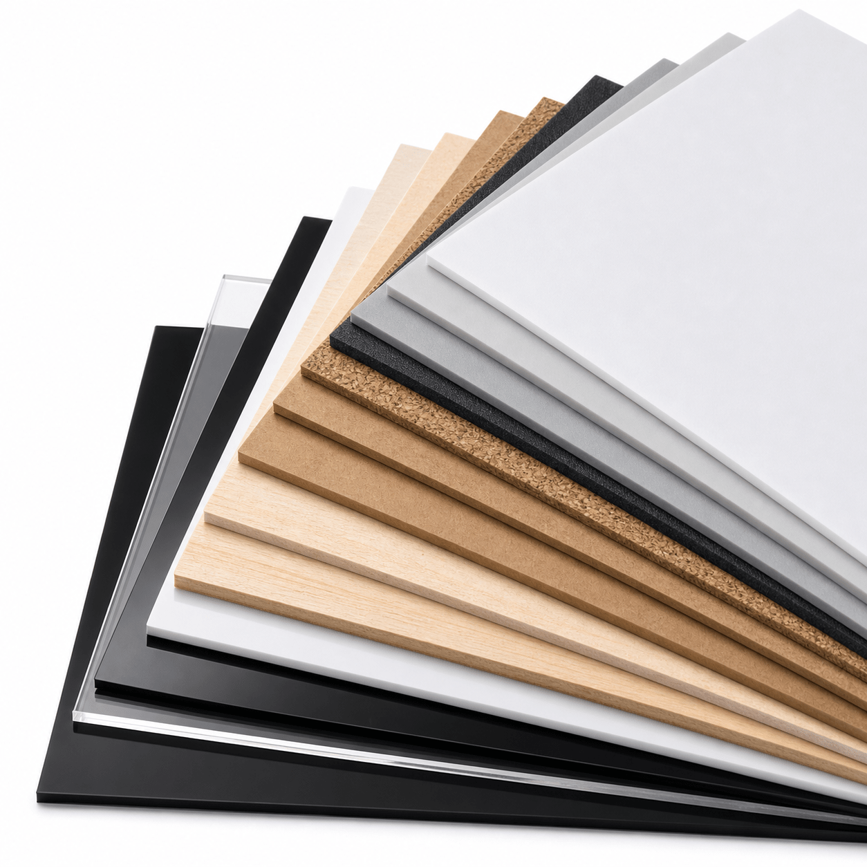 Waaier van hout, MDF, schuim en acrylaat uit het starterpack voor CO2-lasers