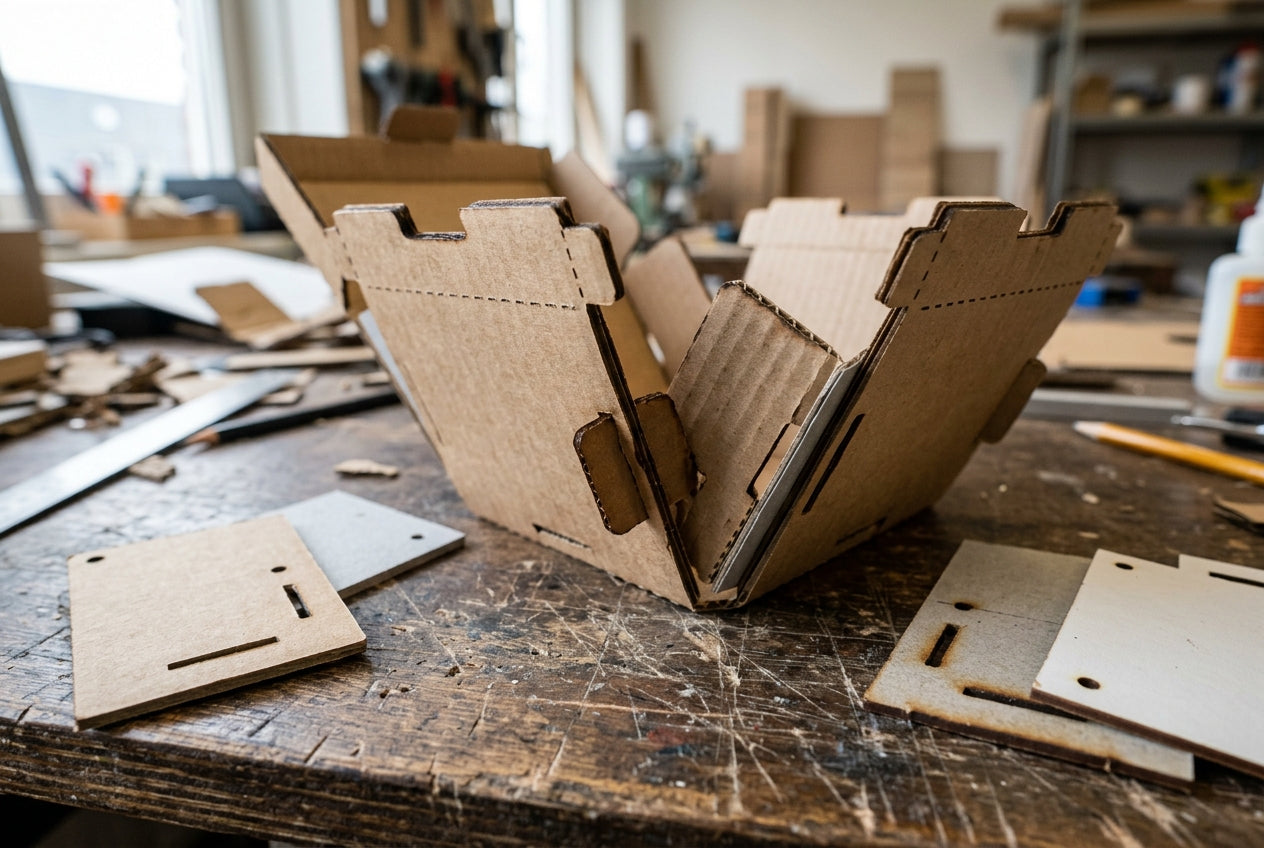 Maker assembleert een kartonnen verpakkingsprototype
