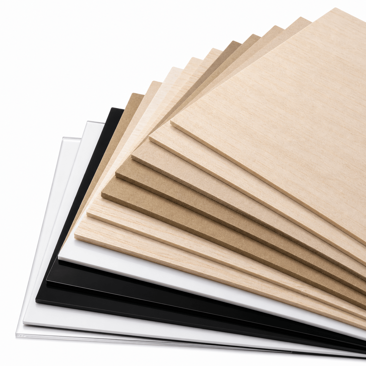 Waaier van MDF, hout en acrylaat uit de werkplaatsbundel