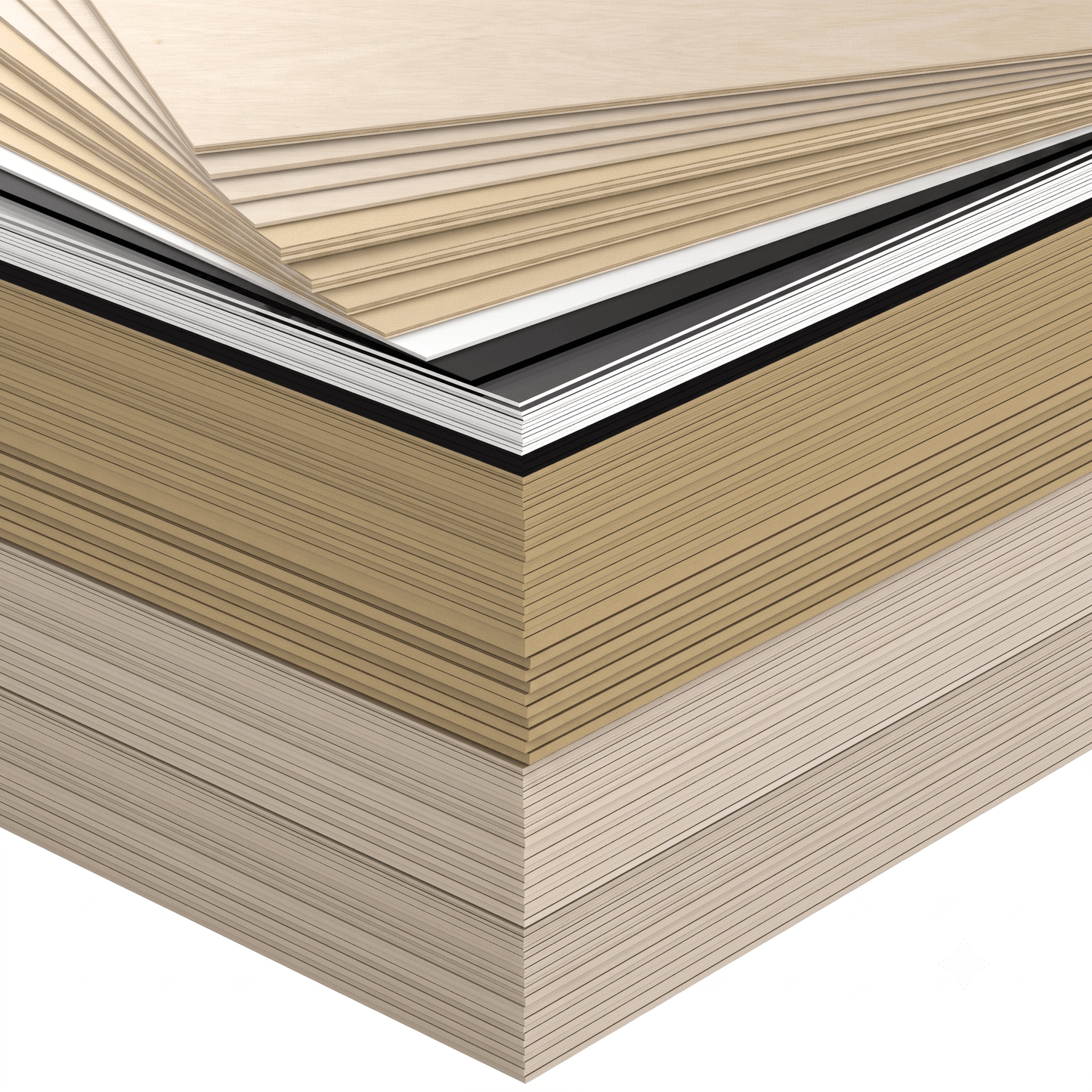 Gestapelde werkplaatsmaterialen van hout, MDF en acrylaat uit de XL-bundel