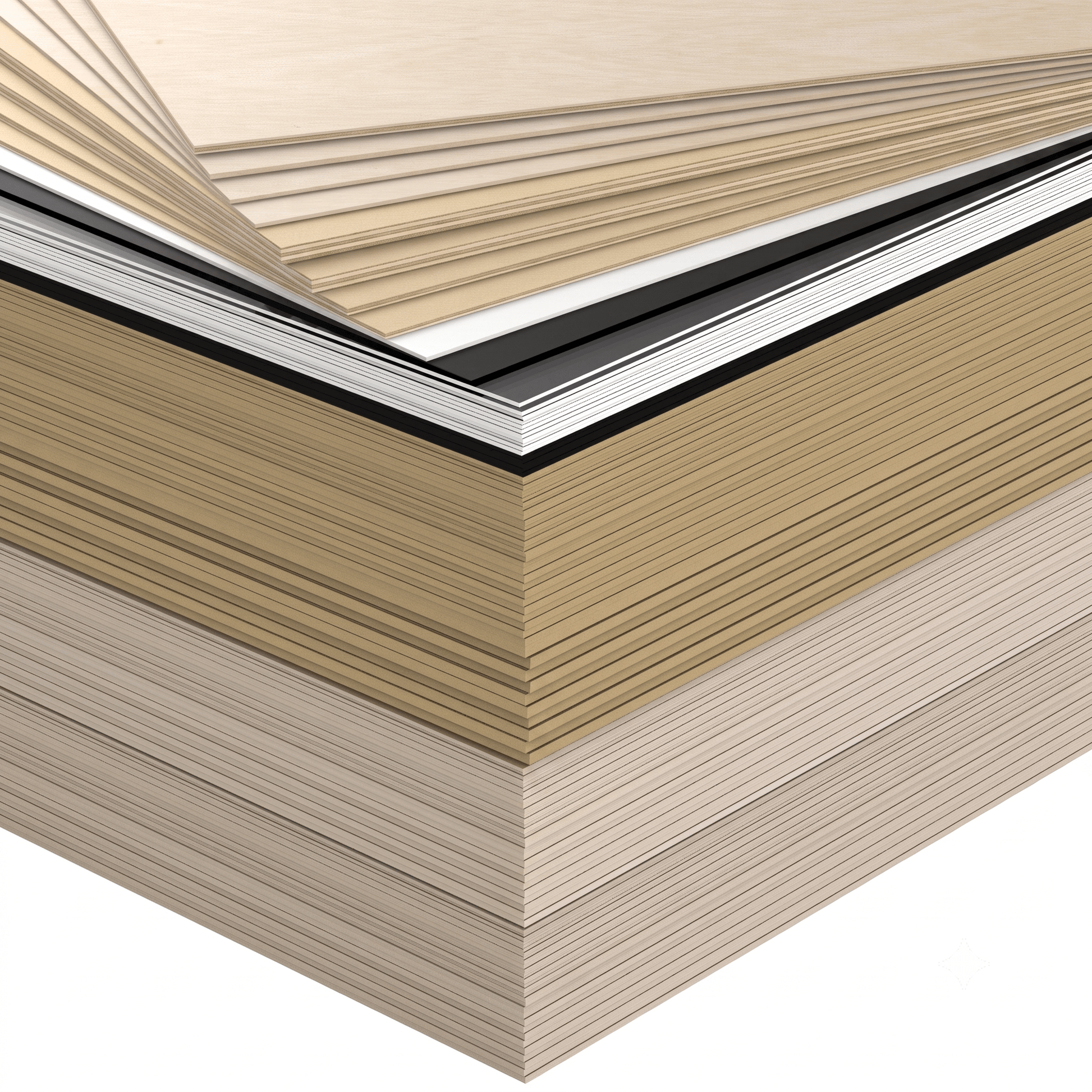 Gestapelde werkplaatsmaterialen van hout, MDF en acrylaat uit de XL-bundel