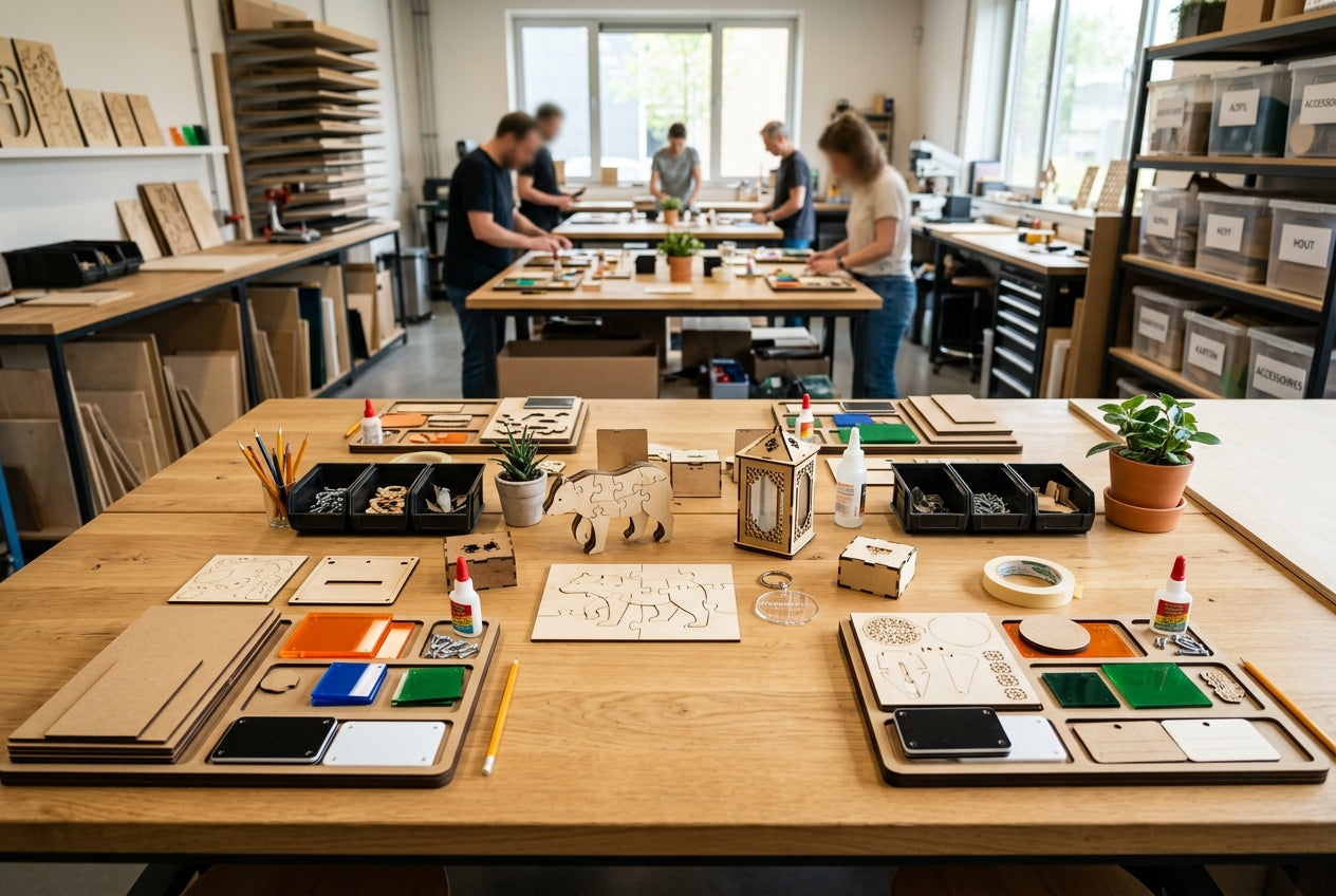 Creatieve workshoptafel met materialen, stalen en gereedschap