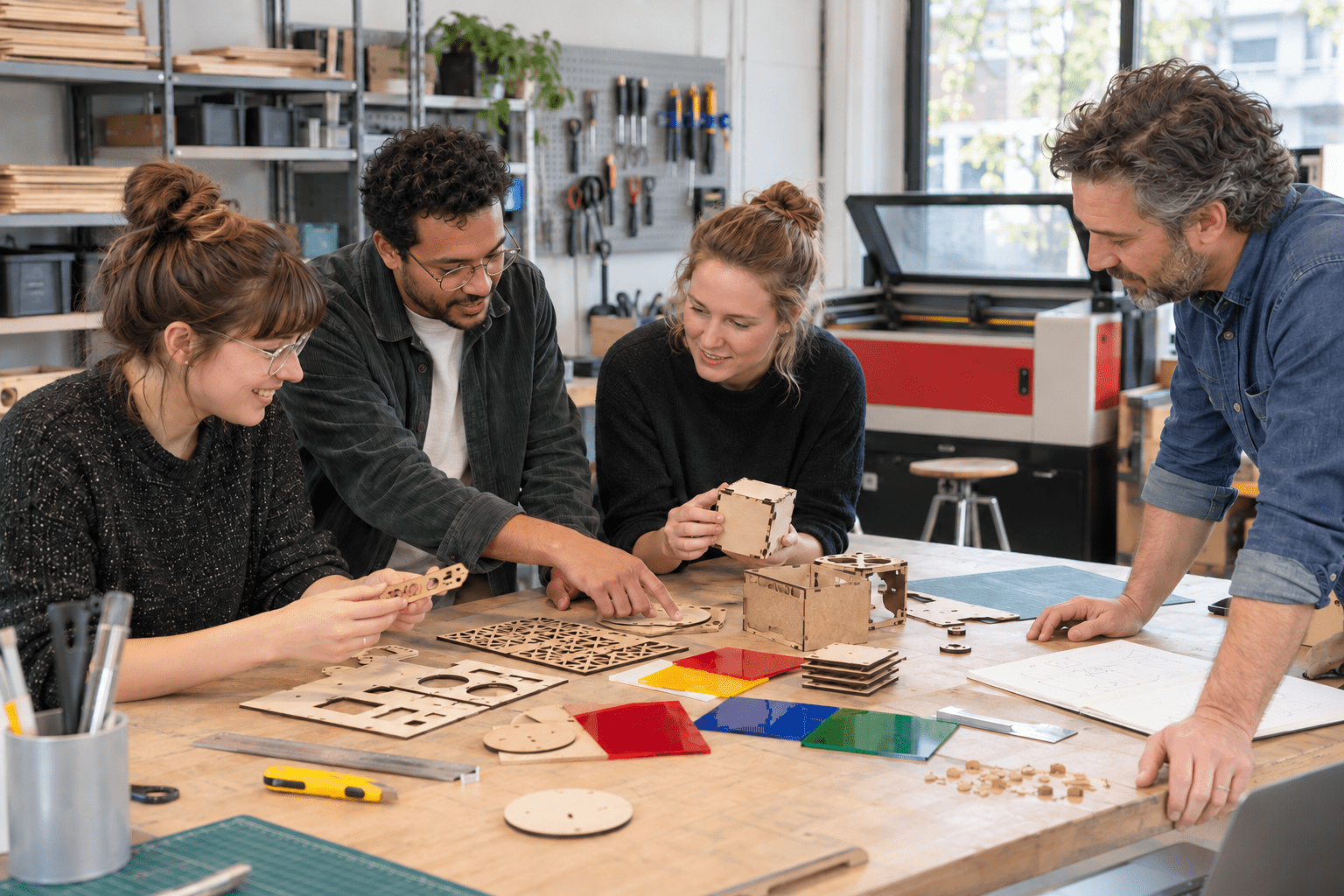 Working together on laser projects in a makerspace
